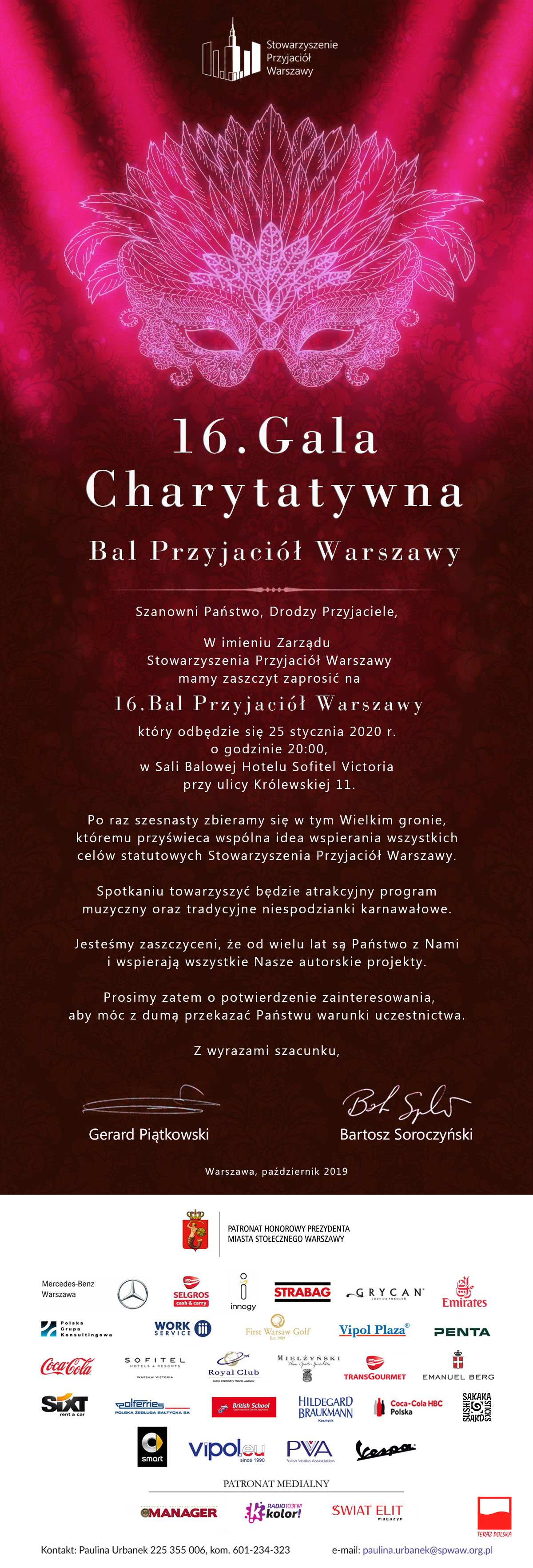 Save the date 16. Edycja Gali Charytatywnej , Bal Przyjaciół Warszawy 25 stycznia 2020, Hotel Sofitel Victoria